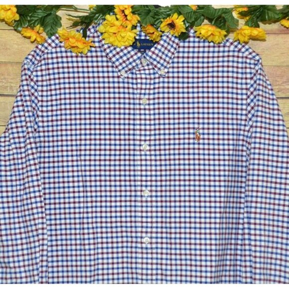 Ralph Lauren Men's Red & Blue Plaid Check Button Front Dress Shirt Size L Cotton - Picture 2 of 9